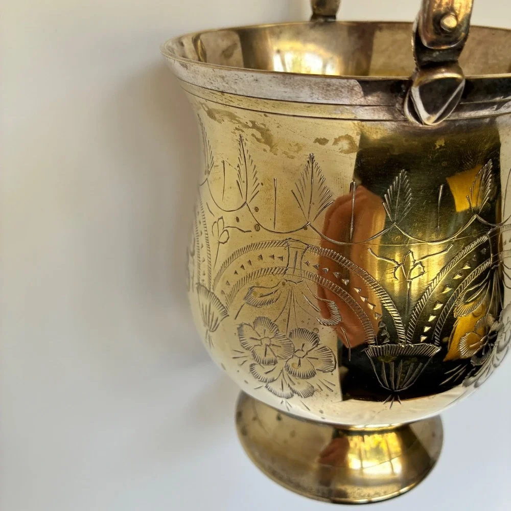 Vtg SilverPlated Brass Etched Floral Ice Bucket Hollywood Regency Grandmillenial